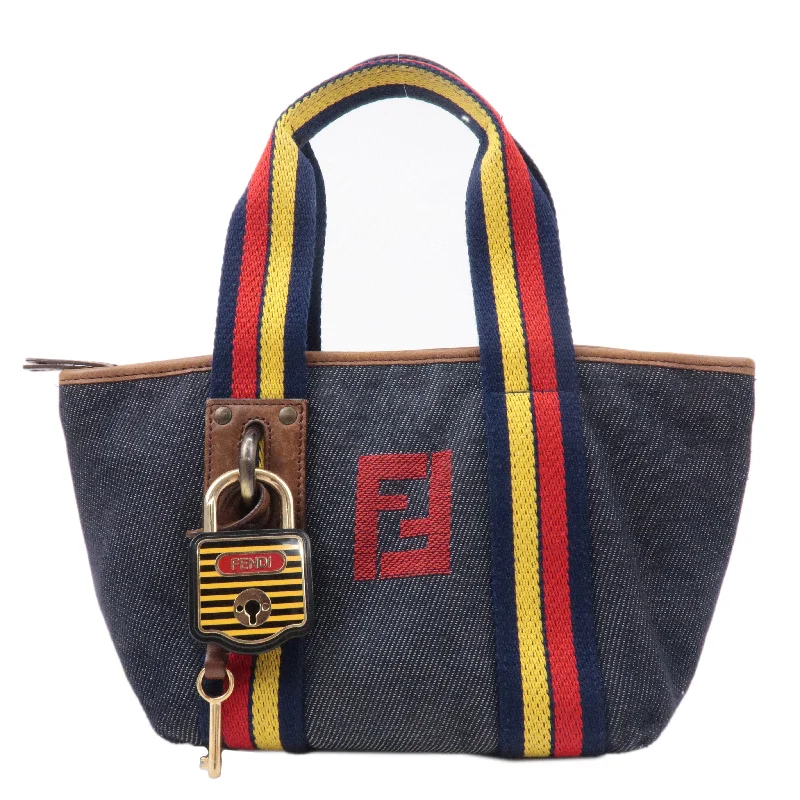 Fendi tote bags with a printed Fendi logo on the front for high brand visibilityFENDI Denim Leather Hand bag Multi Color Navy 7VA165