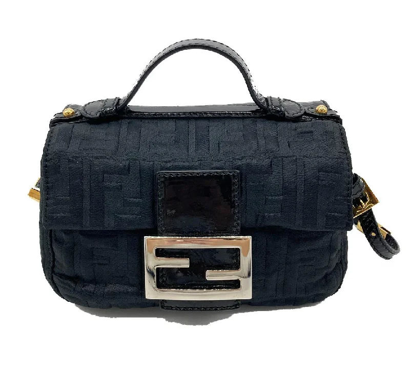 Fendi bags with a built - in USB charging port for keeping devices powered on the goFENDI Black Patent and Silk Zucca Double Mini Baguette