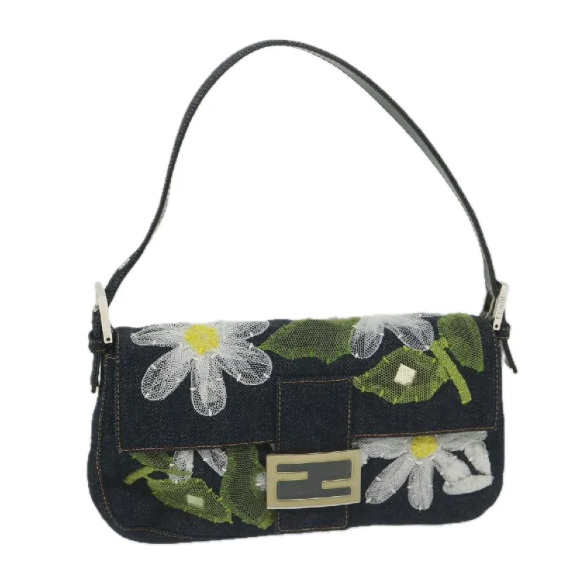 Fendi Baguette bags with a detachable charm featuring the brand's mascotFENDI Flower Lace Mamma Baguette Shoulder Bag Denim Blue  ki3965A