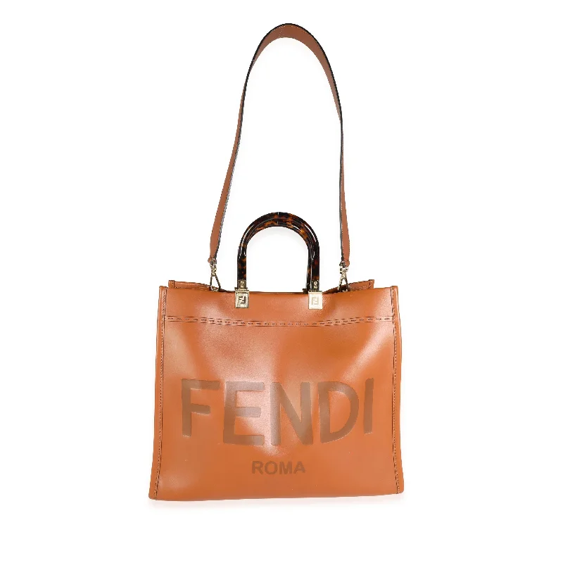 Fendi tote bags with a reinforced bottom for increased durabilityFENDI Brown Debossed Leather & Tortoiseshell Plexiglass Medium Sunshine Shopper