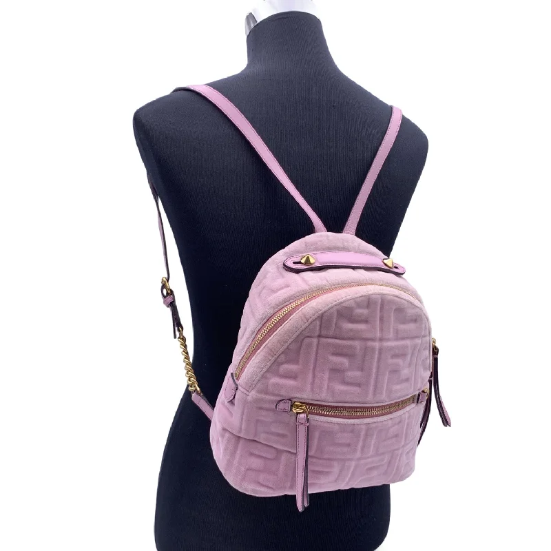 Fendi bags with a touch - screen - friendly pocket for using devices without taking them outFENDI Baby Pink Velvet Ff Embossed Mini Backpack Shoulder Bag