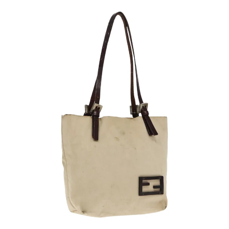 Fendi handbags with a metal - framed clasp for durability and a stylish lookFENDI Hand Bag Canvas Leather Beige Brown Silver  ti2134