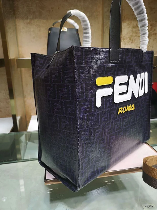 Fendi tote bags with a water - resistant lining for practicality during rainy daysFendi Black Glazed Fabric Shopper White Logo Bag