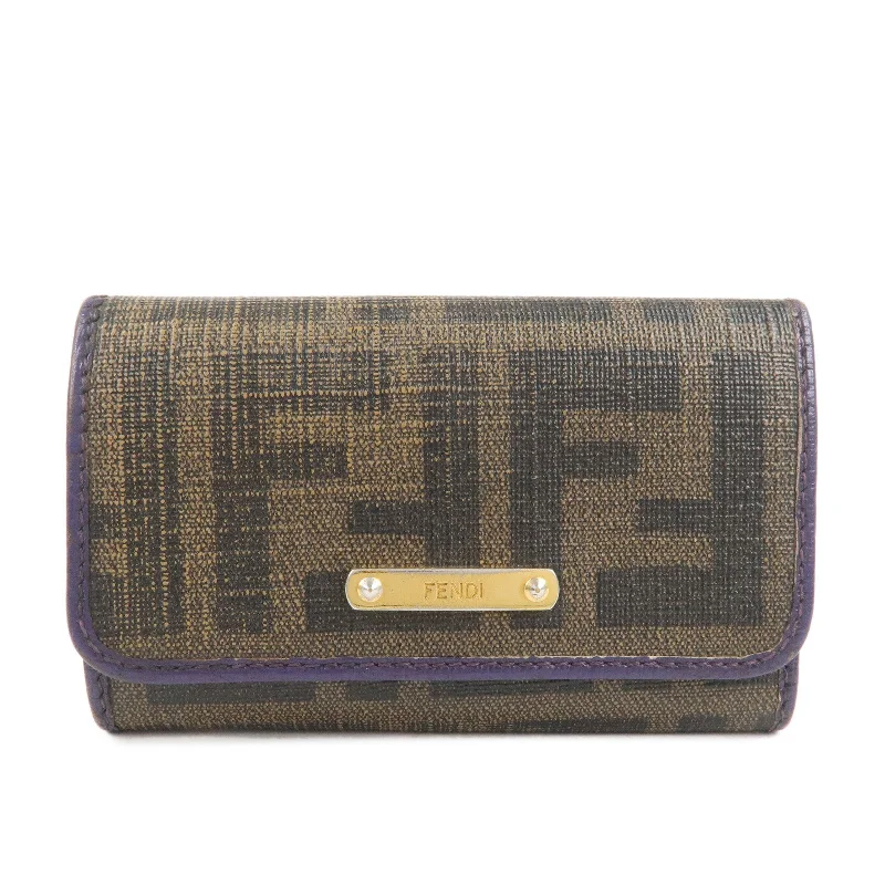 Ladies Fendi Sunshine Shopper bags in a pastel shade like mint for a soft and delicate appearanceFENDI Zucca Canvas Leather 6 Rings Key Case Khaki Purple 8AP079