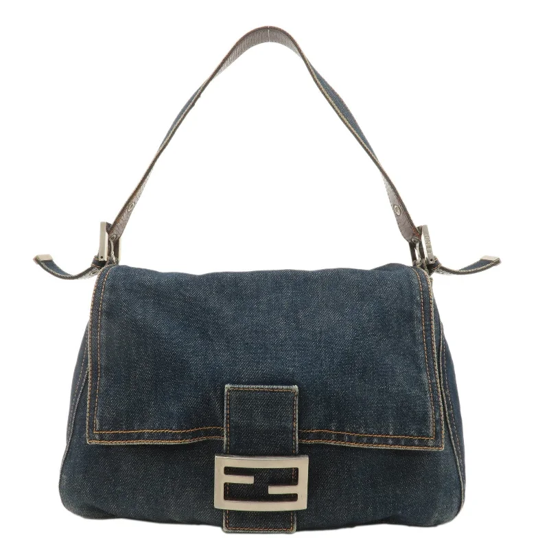 Fendi handbags with a perforated leather detail for a breathable and unique designFENDI Denim Leather Mamma Baguette Shoulder Bag Blue