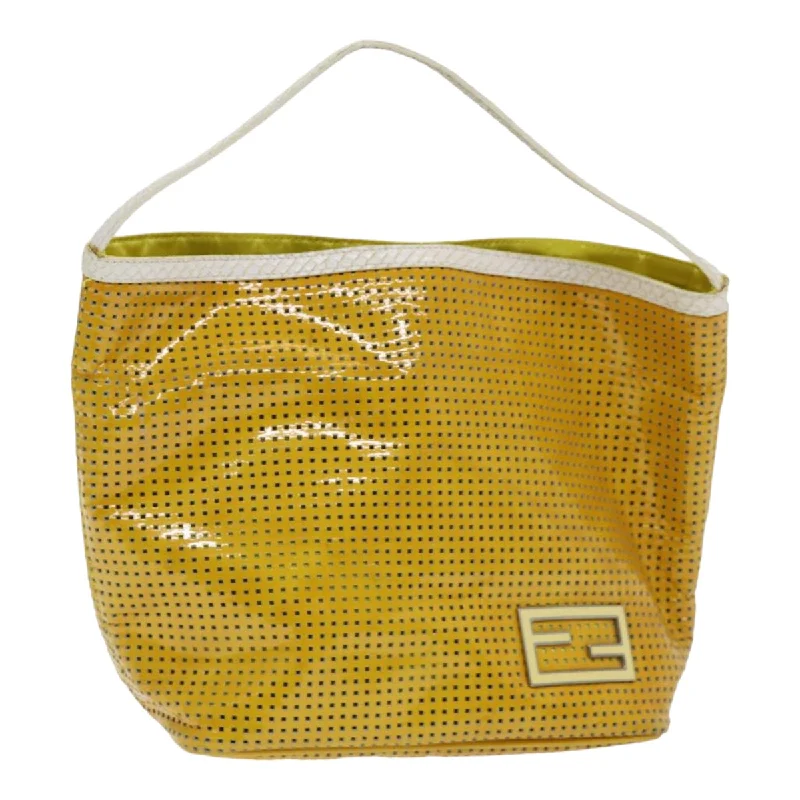 Fendi bags with a zippered interior pocket for separating items and keeping them organizedFENDI Hand Bag Enamel Yellow White Silver  85528