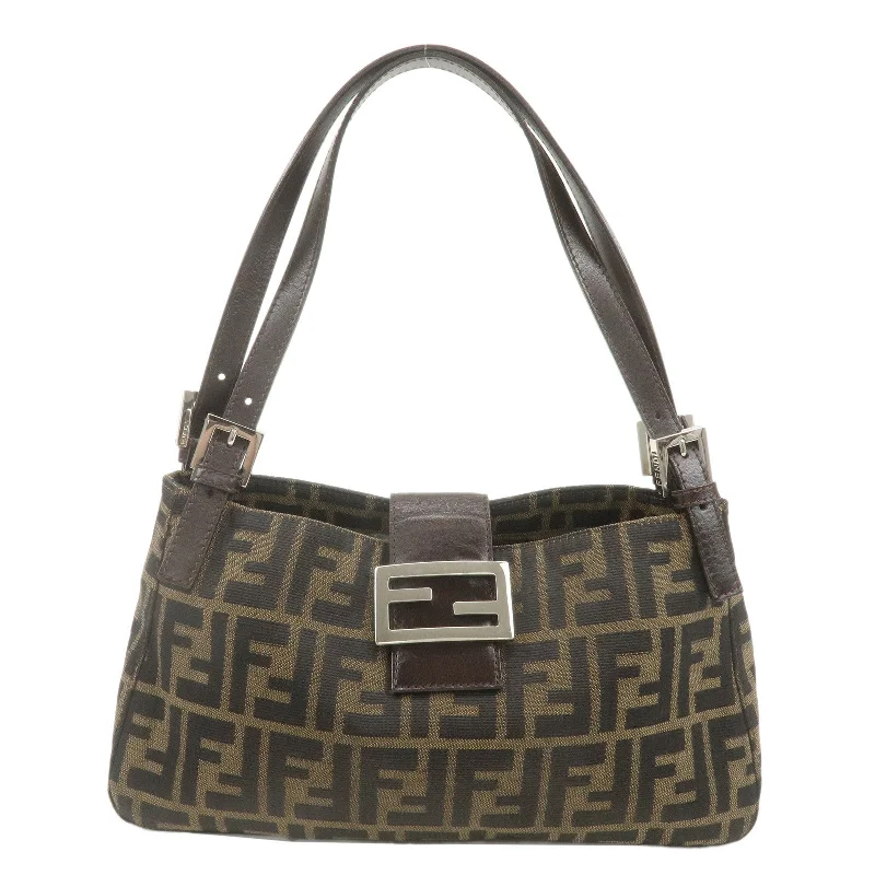 Ladies Fendi shoulder bags with a hidden magnetic pocket for discreet storageFENDI Zucca Canvas Leather Shoulder Bag Brown Black 234826583