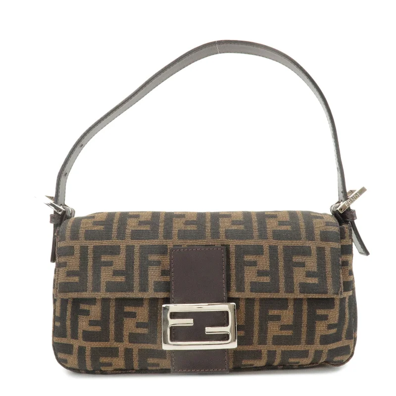 Fendi tote bags with a thermal - insulated pocket for keeping drinks hot or coldFENDI Mamma Baguette Zucca Canvas Shoulder Bag Brown Black 26424