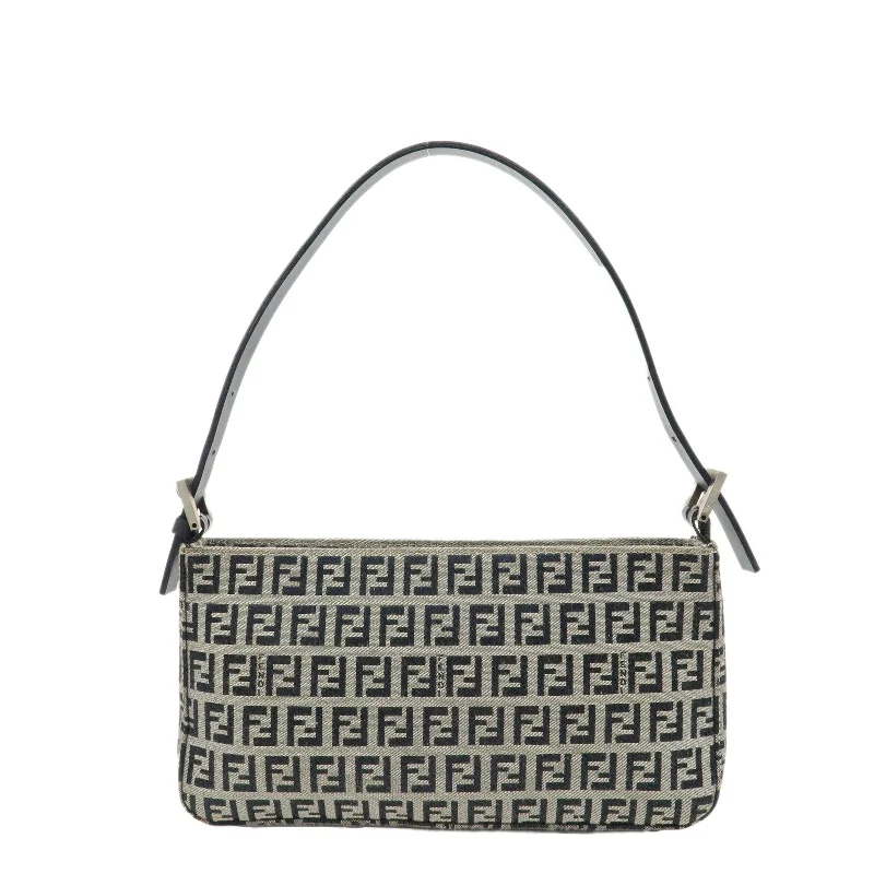 Fendi tote bags with a hand - painted FF pattern for an artisanal and one - of - a - kind touchFENDI Zucchino Canvas Leather Shoulder Bag Ivory Navy 8BR042