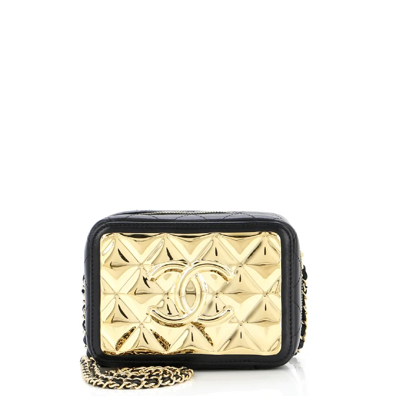 Chanel bags with exclusive seasonal releasesGolden Plate Zip Around Vanity Case with Chain Quilted Metal and Lambskin Mini