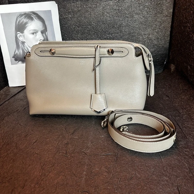 Fendi crossbody bags with a faux fur trim for a warm and stylish winter accessoryFendi Bytheway Elephant Grey Leather Shoulder Bag Medium