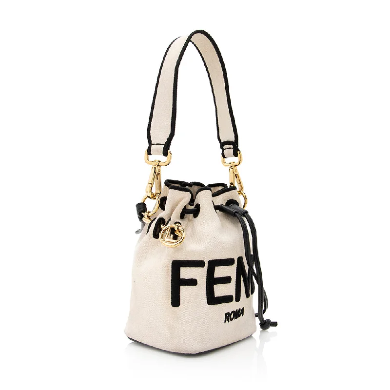 Ladies Fendi shoulder bags with a magnetic - closure flap for easy opening and closingFendi Canvas Mon Tresor Small Bucket Bag (SHF-20756)