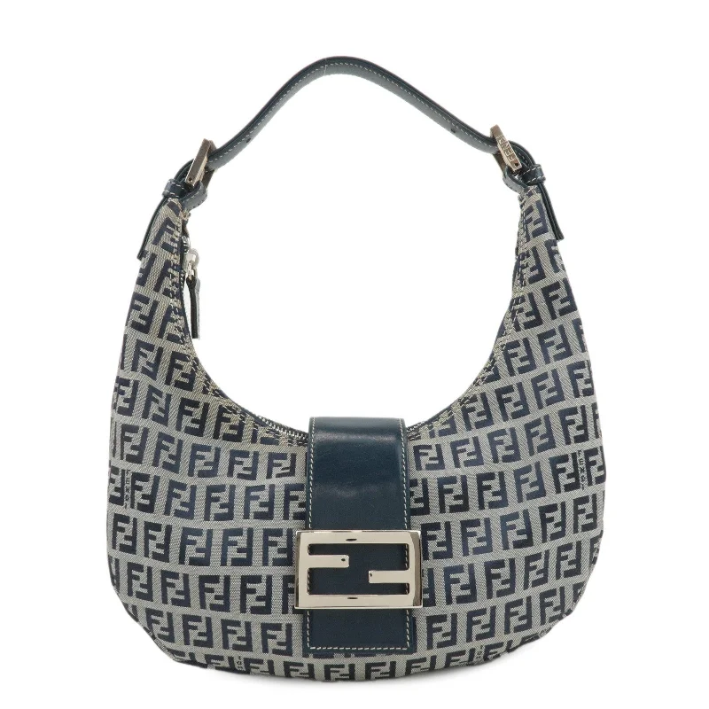 Fendi tote bags with a reinforced bottom for increased durabilityFENDI Zucchino Canvas Leather Shoulder Bag Navy Grey