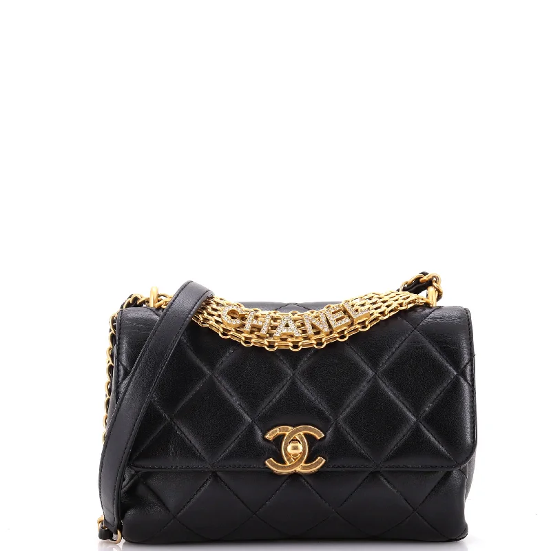 Chanel Quilted Leather Shoulder Bag for FashionistasCrystal Logo Letters Chain Handle Flap Bag Quilted Lambskin Small