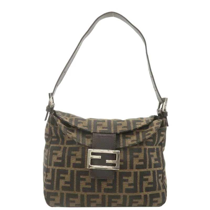 Fendi Baguette bags with a glitter - infused leather surface for a glamorous and sparkly lookFENDI Zucca Canvas Leather Shoulder Bag Brown Black 222826426