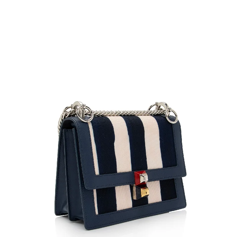 Fendi bags with a front - flap pocket and a turnlock for a classic and elegant aestheticFendi Calfskin Striped Canvas Kan I Small Shoulder Bag (SHF-yQIdt1)