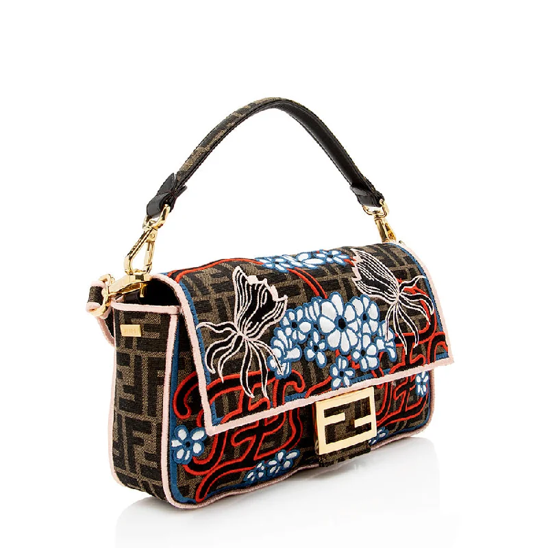 Fendi tote bags with a snap - button closure and a decorative charm for a fashionable and personalized lookFendi Embroidered Karligraphy Baguette Shoulder Bag (SHF-16593)