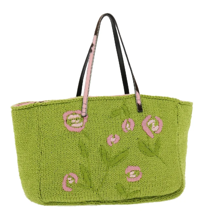 Fendi bags with a chain - link trim and a leather body for a modern and edgy lookFENDI Floral Tote Bag Wool Harako Leather Green Pink  yk6518