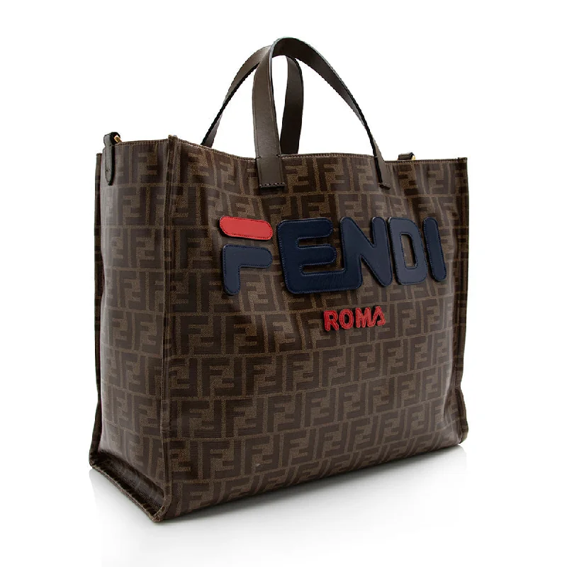 Fendi bags with a zip - top closure and a front - pocket for quick access to keys and cardsFendi Coated Canvas Fila Mania Logo Shopper Tote (SHF-17070)