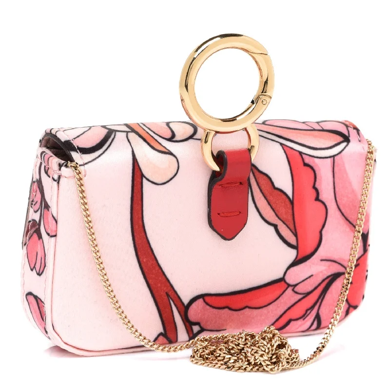 Ladies Fendi shoulder bags with a detachable scarf strap for a stylish and versatile optionFendi Baguette Pink Satin Floral Nano Bag Charm Crossbody 7AR844