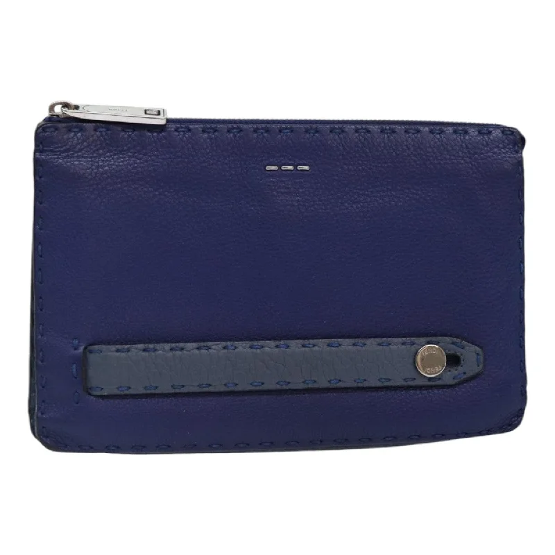 Ladies Fendi shoulder bags with a detachable phone stand for hands - free viewingFENDI Clutch Bag Leather Blue Silver  bs17465