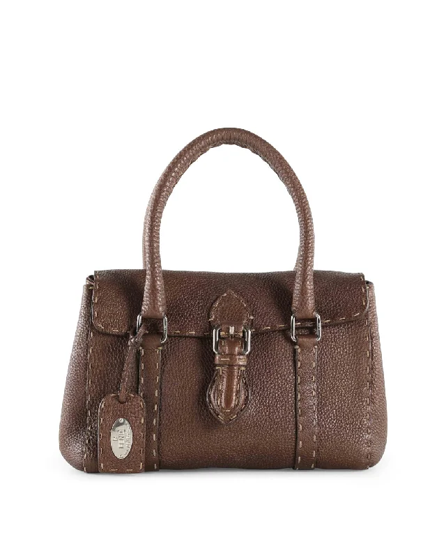 Ladies Fendi shoulder bags with a detachable phone stand for hands - free viewingFENDI Brown Grained Leather Small Selleria Satchel Handle Bag