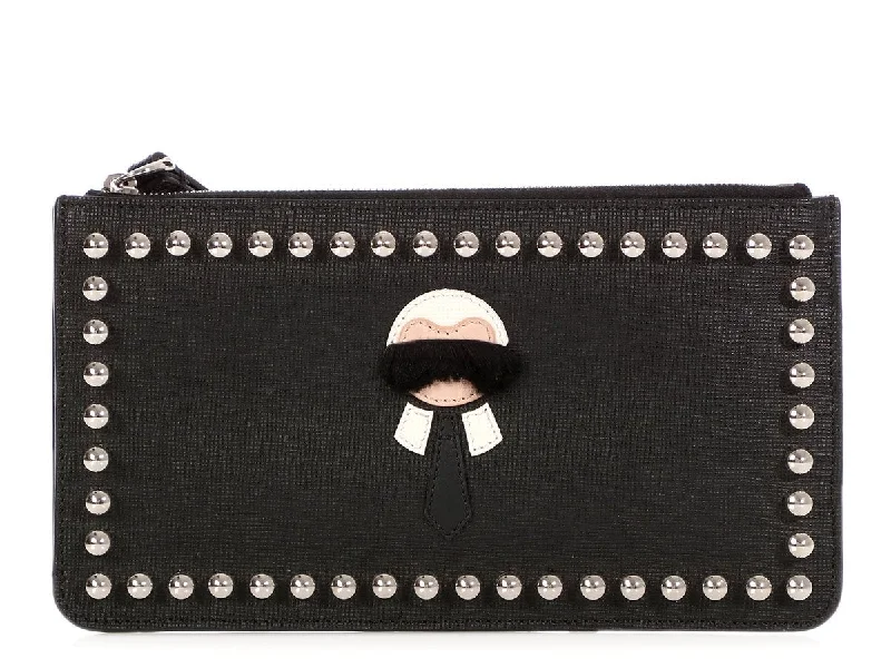 Ladies Fendi Peekaboo bags with a front - pocket organizer for quick access to essentialsFendi Black Studded Karlito Wristlet