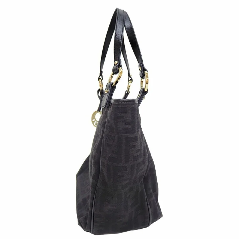 Fendi bags with a front - flap pocket and a turnlock for a classic and elegant aestheticFENDI 8BH156 Zucca pattern tote bag black canvas x enamel