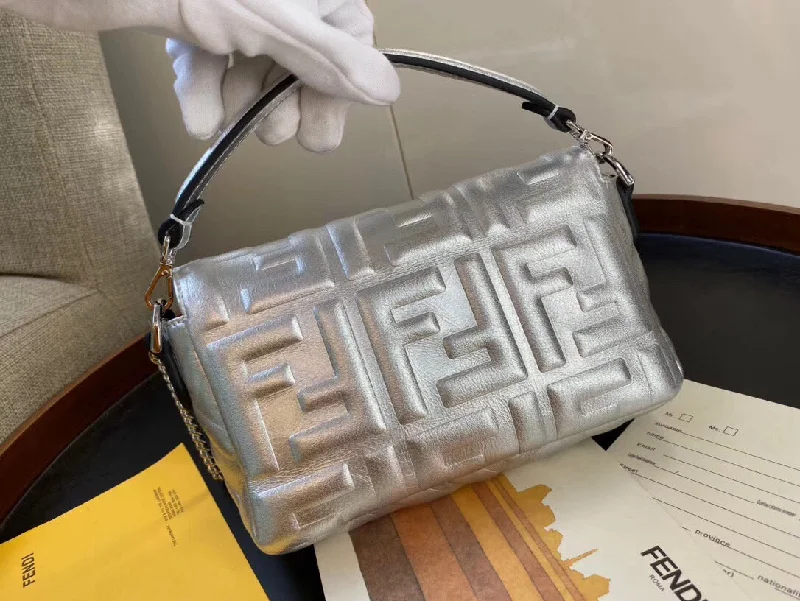 Fendi By The Way bags with a crystal - embellished FF logo for added luxury and glamourFendi Baguette Mini Bag In Silver Lambskin With FF Motif