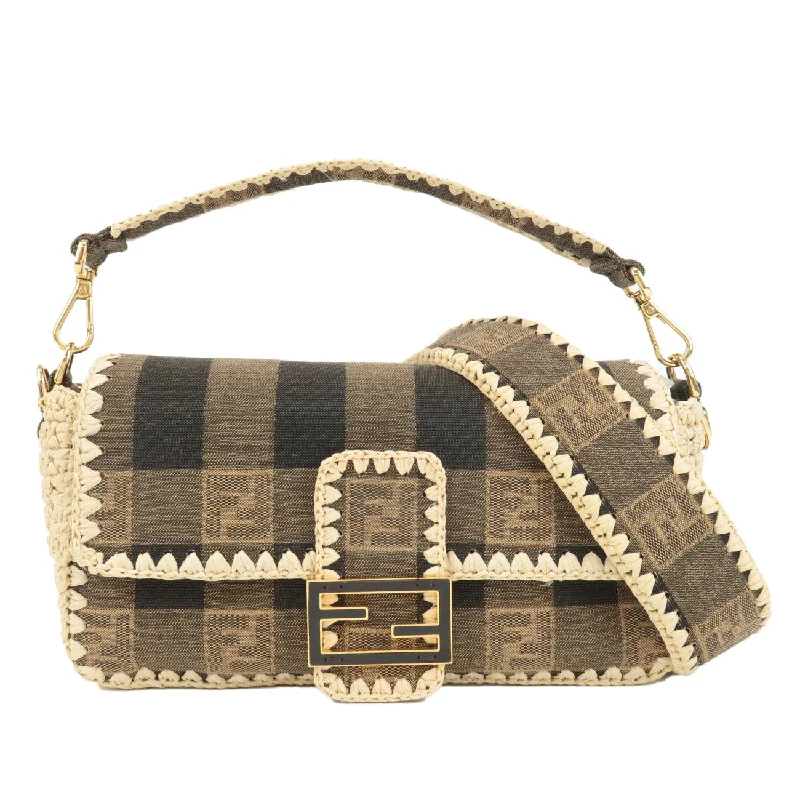 Fendi By The Way bags with a contrast - colored interior for visual interestFENDI Mamma Baguette Zucca Pequin Raffia 2Way Bag Hand Bag 8BR600