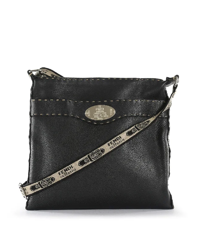 Fendi crossbody bags with a detachable ID holder for easy identificationFENDI Black Pebbled Leather With Canvas Strap Medium Crossbody Bag