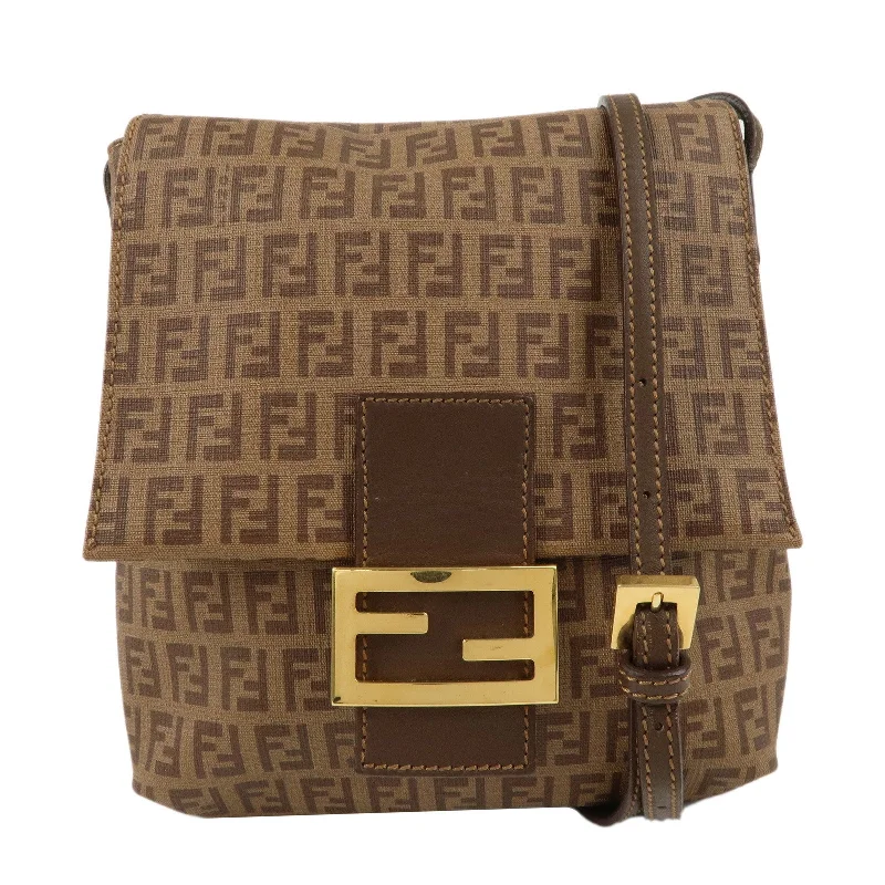 Ladies Fendi shoulder bags with a tassel - decorated zipper for added charm and styleFENDI Zucchino Canvas Leather Shoulder Bag Beige Brown 8BT075