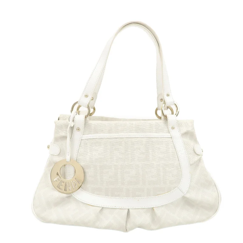 Fendi bags with a patent - leather finish for a shiny and sophisticated appearanceFENDI Zucca PVC Leather Shoulder Bag White Gold Hardware 8BR628