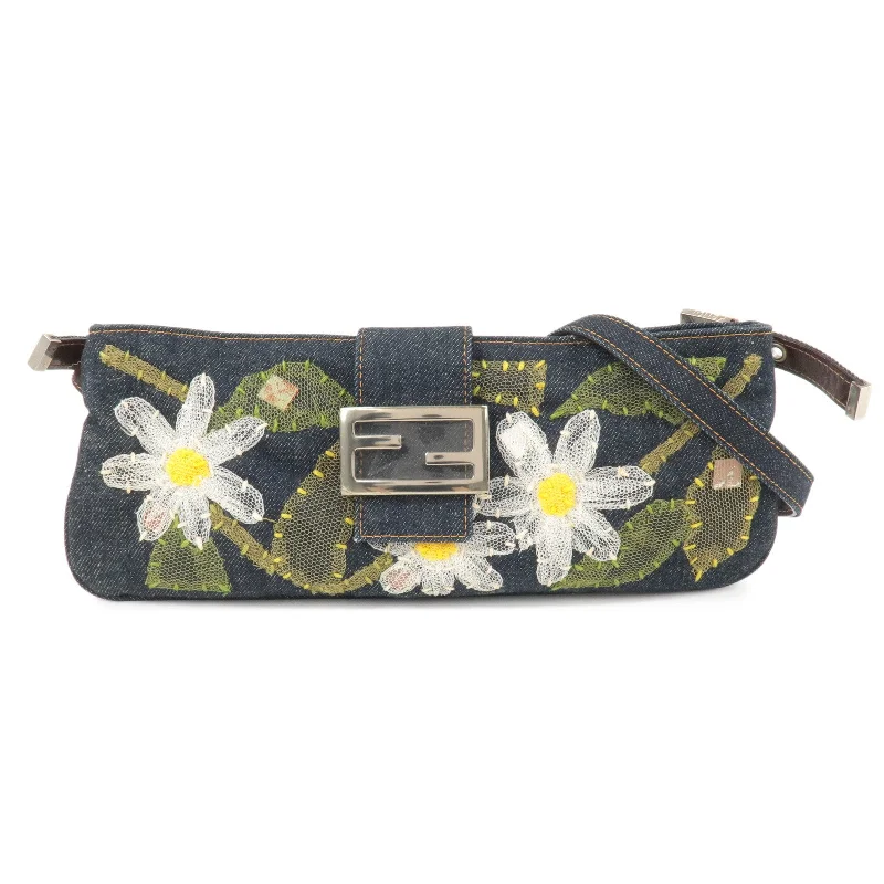 Fendi crossbody bags with a reflective strap for safety during low - light conditionsFENDI Denim Leather Shoulder Bag Flower Blue 26685