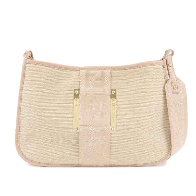 Fendi Baguette bags with a monogram - embossed leather surface for a luxurious feelFENDI Logo Canvas Leather Shoulder Bag Beige Pink 8BT084