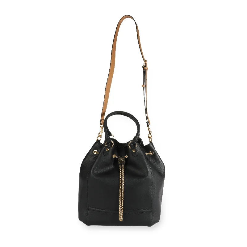 Fendi backpacks with a built - in lock for added securityFENDI Black Vitello Leather Karligraphy Chain Bucket Bag