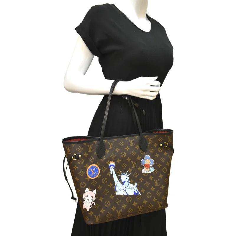 Louis Vuitton tote bags with a printed LV logo on the front for brand visibilityLOUIS VUITTON Neverfull Patches MM Monogram Canvas Tote Bag Brown