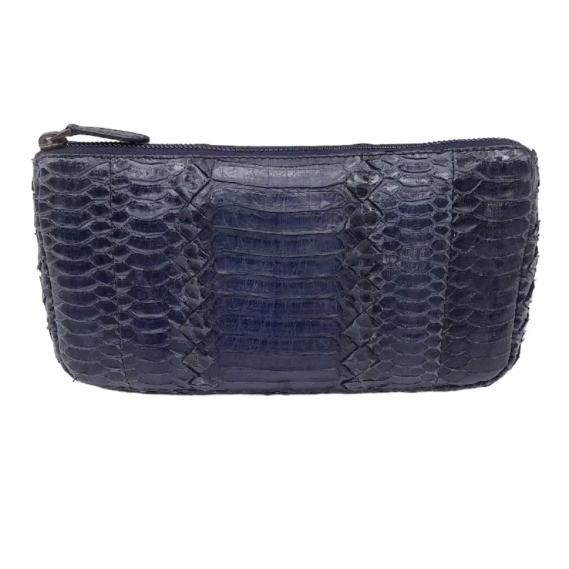 Bottega Veneta tote bags for work and travelBottega Veneta Navy Blue Python Skin Leather Zip Pouch Bag