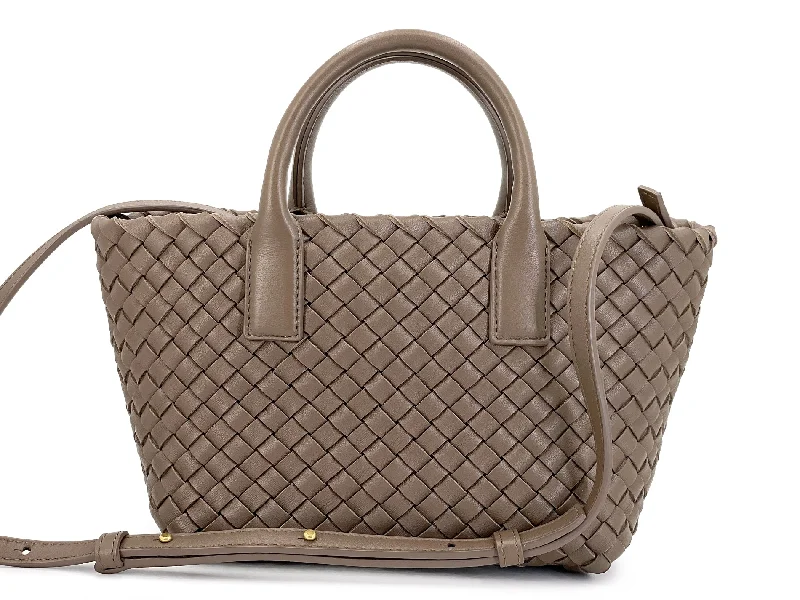 Bottega Veneta bags with diamond - shaped patternsBottega Veneta Taupe Beige Interciatto Mini Cabat Tote Crossbody Bag