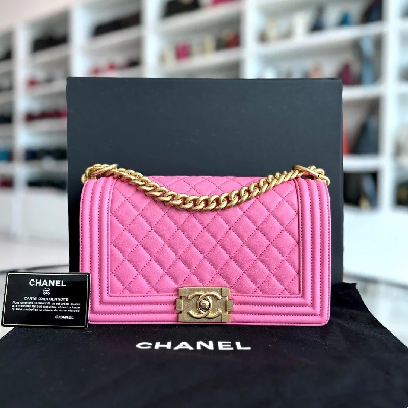 Chanel bags that pair perfectly with any outfit*Calfskin* Boy Old Medium Quilted Smooth Calfskin Pink AGHW No 26