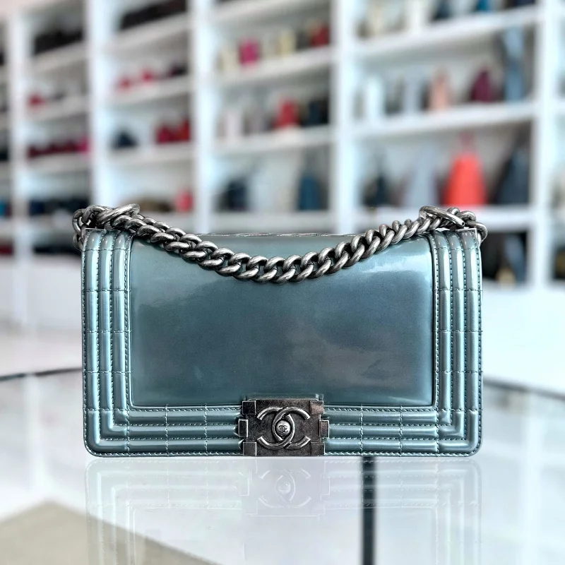 Chanel bags with modern touchesBoy Old Medium 25CM Glazed Calfskin Patent Leather Light Blue SHW No 16