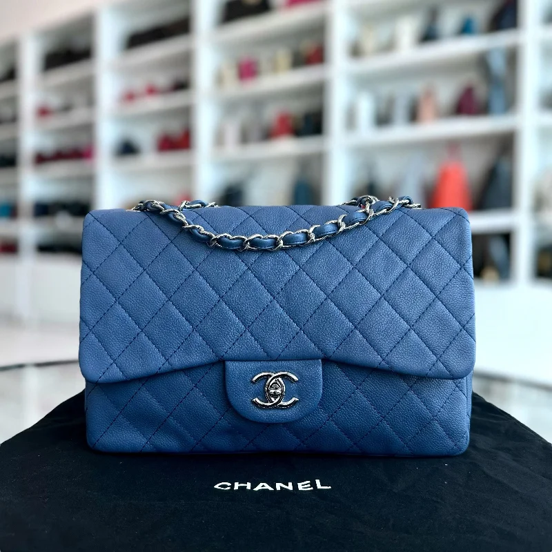 Chanel bags with modern touchesCaviar Jumbo Classic Flap 30CM Quilted Calfskin Blue SHW No 12