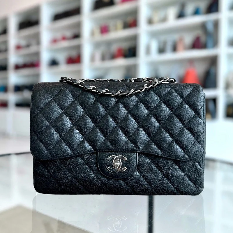 Chanel Chain Strap Handbag for Everyday UseCaviar Jumbo Classic Flap Quilted Grained Calfskin Black SHW No 12