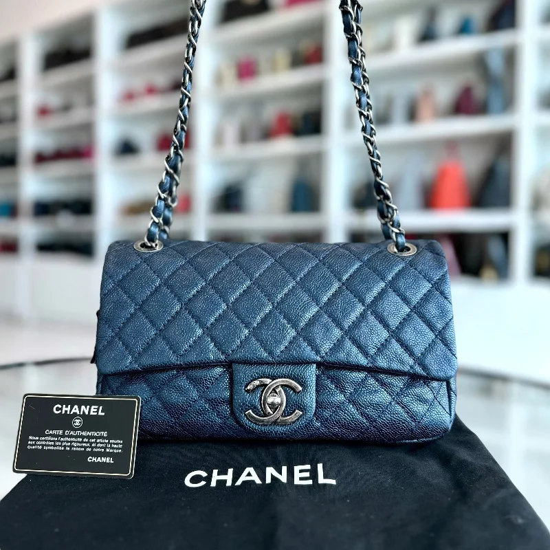 Chanel Handbag with Adjustable Strap for ComfortCaviar Seasonal Flap Zip Around Iridescent Dark Blue SHW No 18