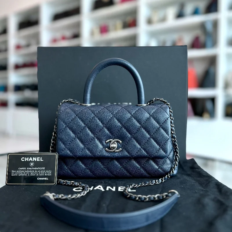 Chanel bags with leather and tweed combinationsCaviar Small Coco Handle 24cm Quilted Calfskin Dark Navy Blue No 22