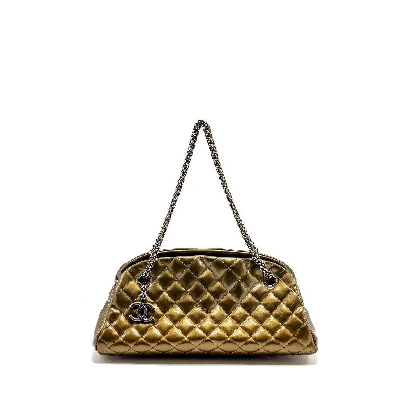 Chanel bags available in bold colors and patternsChanel Just Mademoiselle Bowling Bag Patent Metallic Gold / Silver SHW