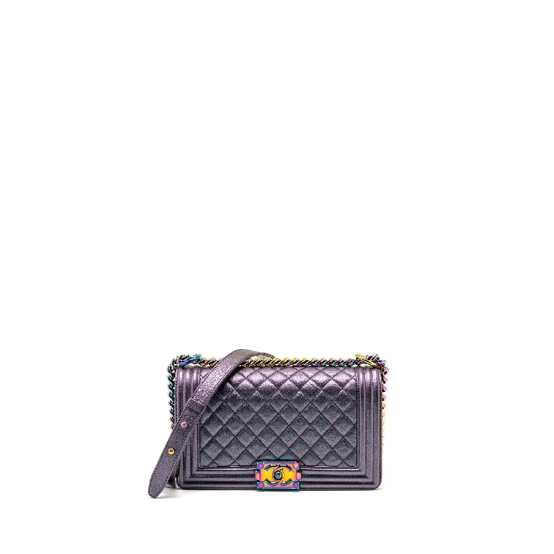 Chanel bags with intricate metal hardwareChanel Medium Boy Bag GoatSkin Iridescent Purple Multicolour Hardware