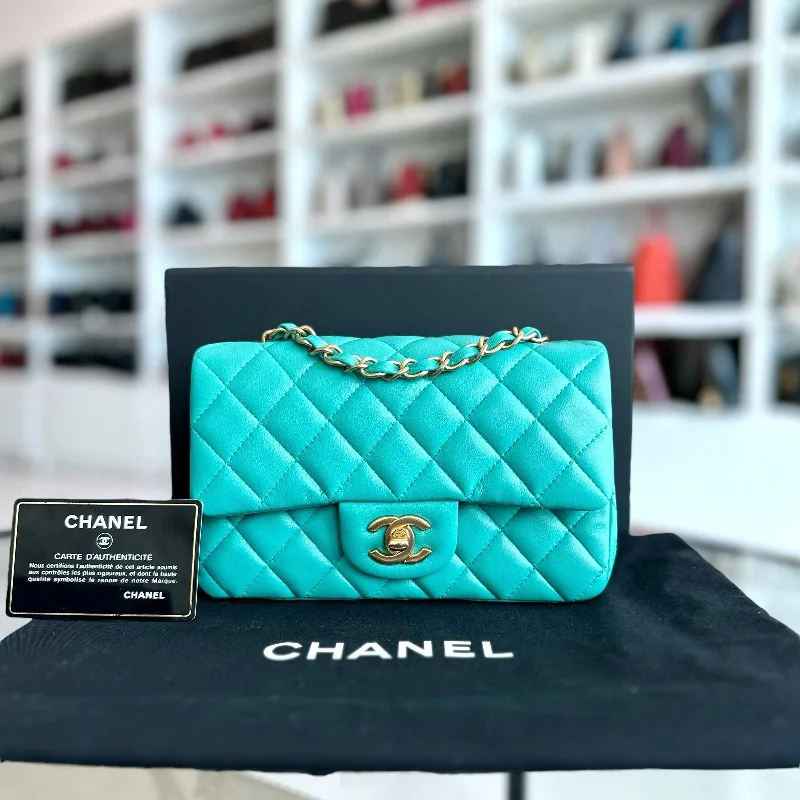 Chanel bags with leather and tweed combinationsMini Rectangular Classic Flap 20CM Quilted Lambskin Blue Green GHW No 27