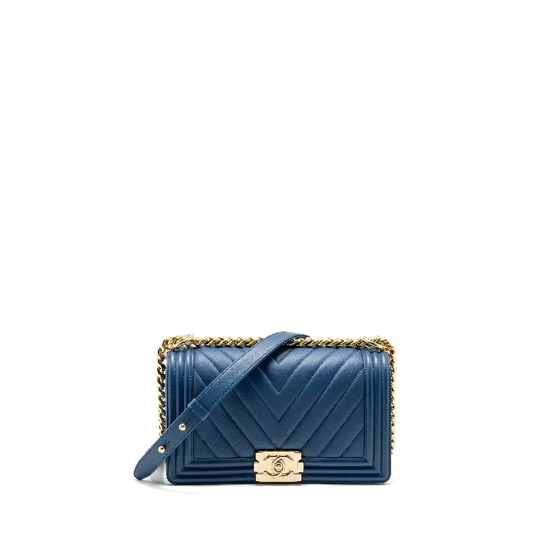 Chanel bags with the perfect balance of luxury and functionalityChanel Medium Chevron Boy Bag Calfskin Blue GHW